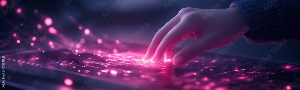 Poster a close-up of a hand interacting with a surface that emits glowing pink particles, conveying a sense