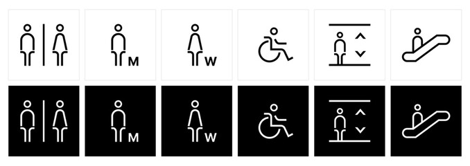 Restroom icon set. male and female toilet symbols. disabled icon. gender icon. restroom pictogram. Elevator and Escalator public signage. WC signage	
