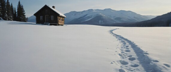 Fototapeta premium A snowy landscape with a small cabin in the distance and footprints leading up to it