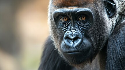 Obraz premium Gorilla Observes Its Surroundings with Intense Focus and Curiosity