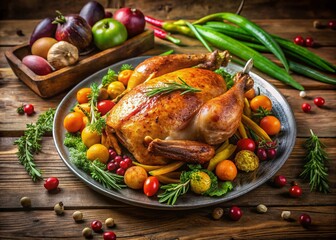 A Stunning Roast Chicken Platter Surrounded by Fresh Vegetables Perfect for Gourmet Cooking and Culinary Photography