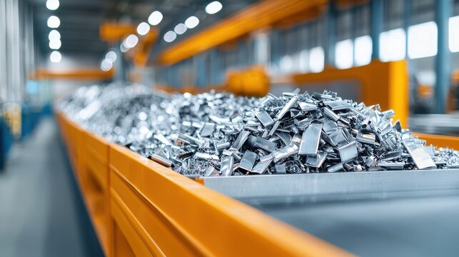 A conveyor belt in a recycling facility carries a mound of metal scraps, illustrating the process of metal recycling in an industrial environment.