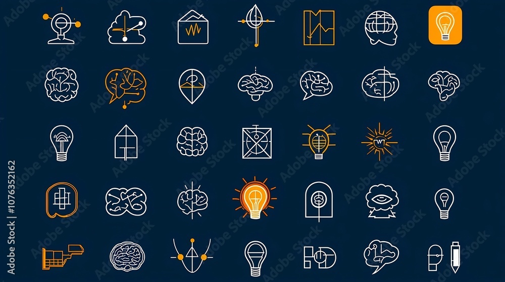 Leinwandbilder Collection of simple line icons representing cognitive themes such as mind thinking and imagination  These minimalist symbols can be used to convey ideas related to psychology education learning