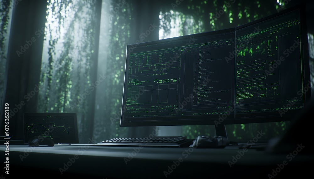 Fototapete A dimly lit workspace featuring a large monitor displaying code, surrounded by lush greenery and soft beams of light filtering through windows.