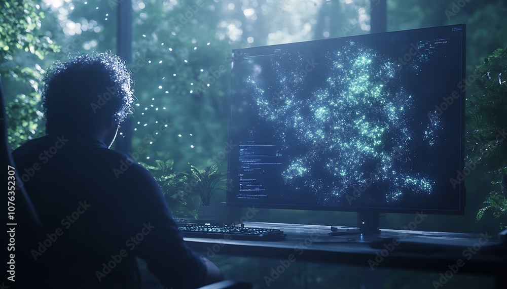 Aufkleber A person sits in front of a glowing monitor displaying a starry visualization, surrounded by greenery and soft natural light.