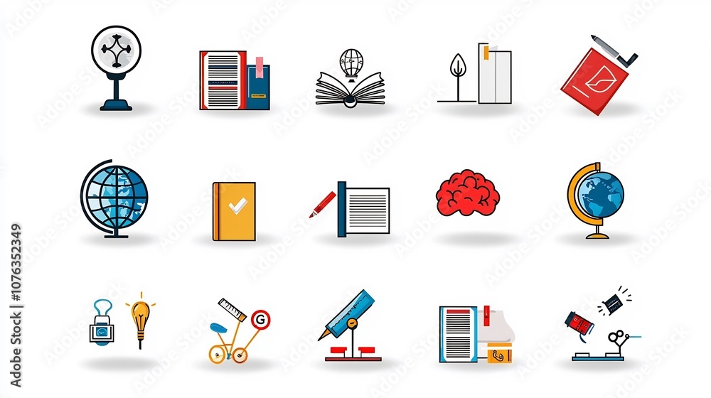 Leinwandbilder Minimalist design featuring icons and symbols representing the transformative power of education knowledge and intellectual growth  Includes icons of a book globe and brain in a clean abstract style