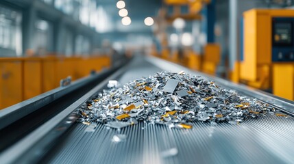 A close-up view of a metal scrap pile on a conveyor belt inside a recycling facility, showcasing various metallic materials.