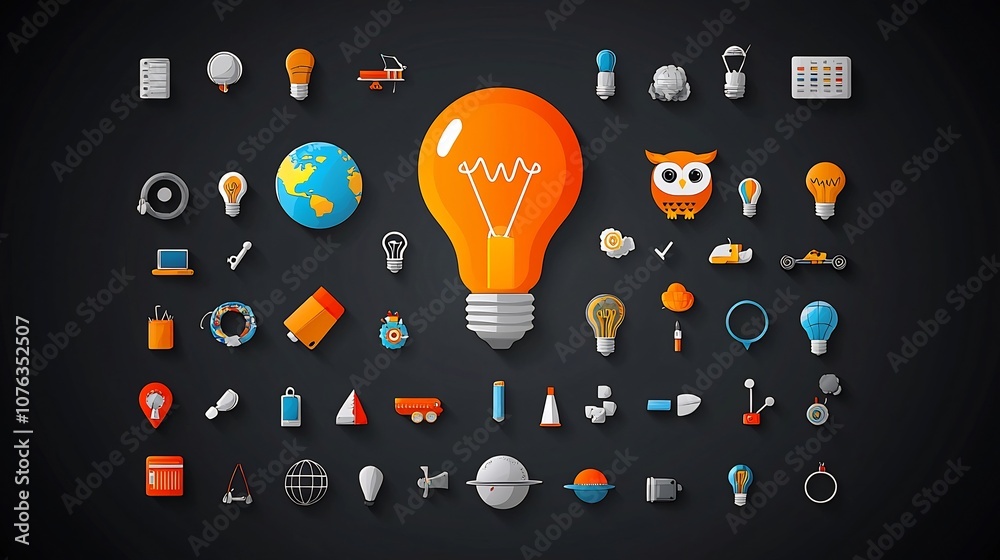 Poster featuring a set of creative knowledge and intelligence symbols including a light bulb owl and globe representing concepts of creativity genius and learning