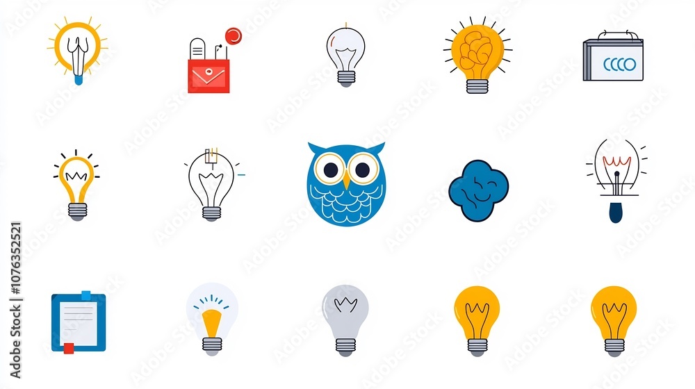 Leinwandbilder Collection of simple icons representing the concept of creative intelligence  The features an owl a brain and a light bulb symbolizing wisdom knowledge and innovation
