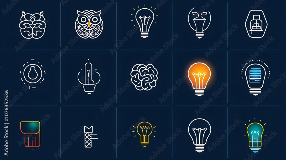 Aufkleber minimalist depicting the symbols of creative intelligence an owl a brain and a light bulb representi