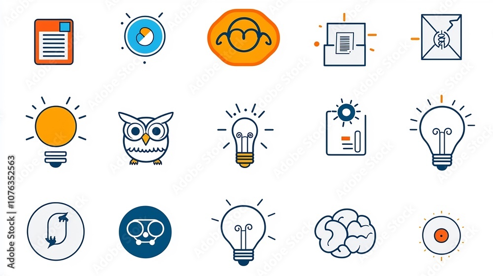 Poster minimalist of a collection of creative intelligence icons featuring an owl brain and light bulb as s