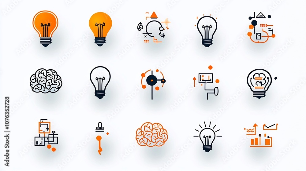 Poster illustrative icons representing genius ideas and clever thinking concepts featuring a globe light bu