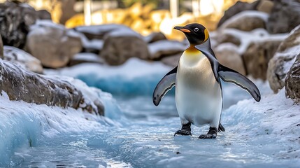 Fototapeta premium Emperor Penguin Stands Majestically on Icy Ground in Nature