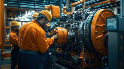 Fototapeta premium Engineers in safety gear inspecting and maintaining large industrial machinery in a factory setting with bright orange components and complex mechanical details.