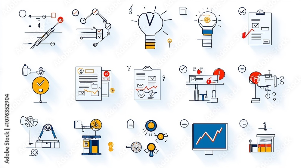 Poster Thin Line Icon Set Featuring Essential Elements for Inspection and Reporting Management  Clean Suitable for Business Analytics and Process Improvement Applications