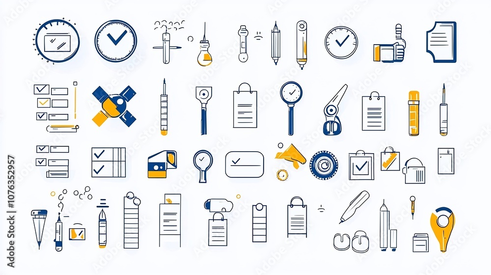 Fototapete collection of control icons featuring checklist review and inspection symbols represented in a simpl