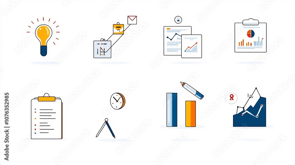 Poster Efficient and comprehensive business evaluation and data driven analysis represented through a minimalistic style of icons and symbols for survey document management and performance metrics