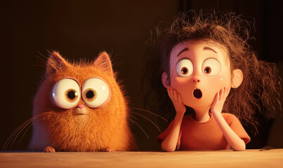 Whimsical Animated Duo: Surprised Girl and Her Fluffy Orange Cat Companion