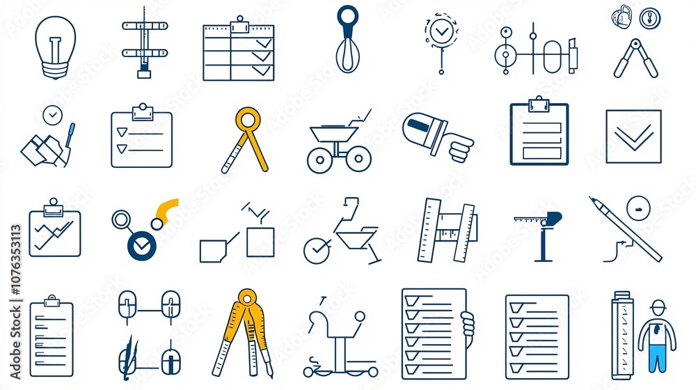 Poster Collection of control icons featuring checklist review and inspection symbols in a simple line design representing management assurance and optimization processes