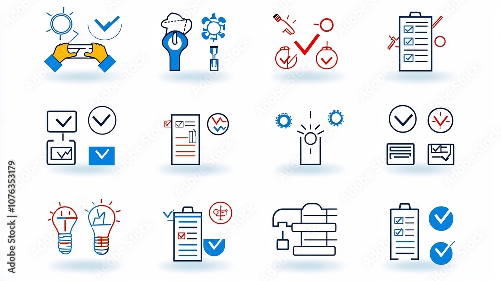 Aufkleber Icon set designed for evaluation and process improvement  Includes symbols for checklist testing and review in a minimal vector style  Useful for business technology and assurance applications