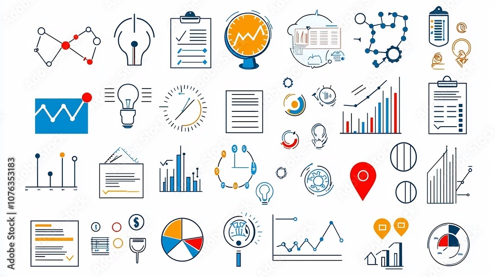 Poster Thin line icons and symbols for data analysis survey reporting and business intelligence  Clean with minimalist line art style