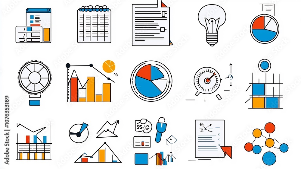 Aufkleber A set of thin line icons representing various elements related to survey report data analysis and business information  The icons have a clean minimalist and modern design style
