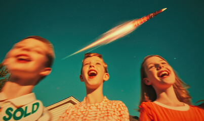 Joyful Children Watching Retro Spaceship Firing Through the Sky