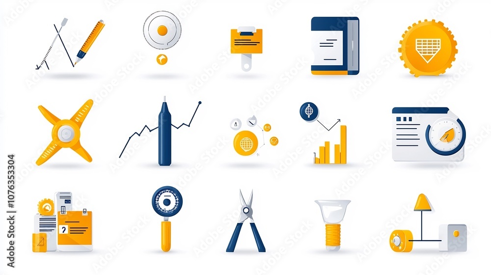 Aufkleber Set of clean icons representing business data and inspection processes including symbols for analysis  These icons can be used in data visualization dashboards reporting tools