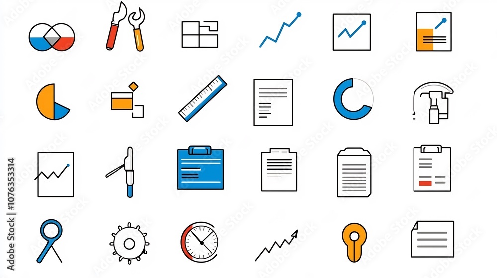 Aufkleber A collection of abstract minimal line icons and design elements representing various document and evaluation concepts such as statistics reports inspections analytics and monitoring