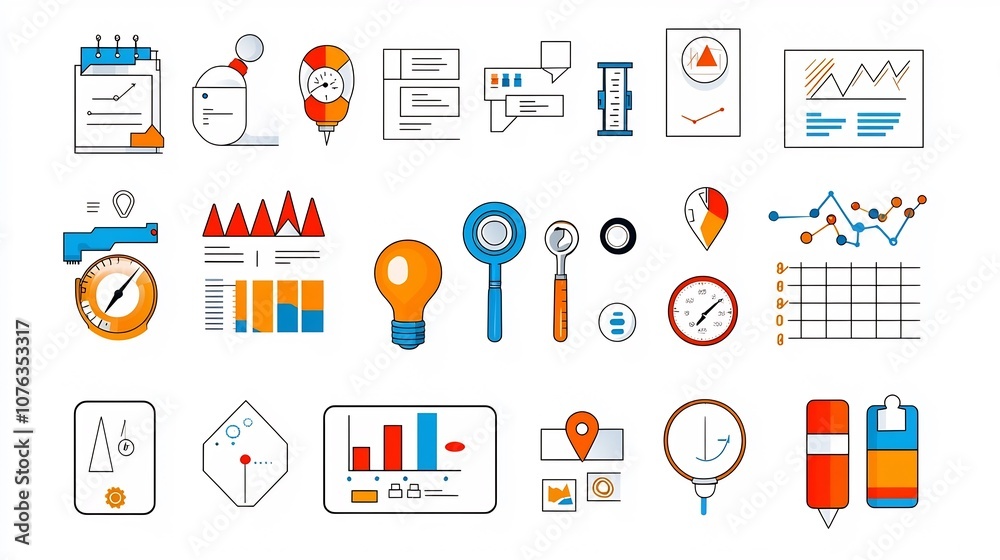 Poster of clean icons representing business data inspection survey and reporting tools  Symbols for growth progress audit intelligence and optimization