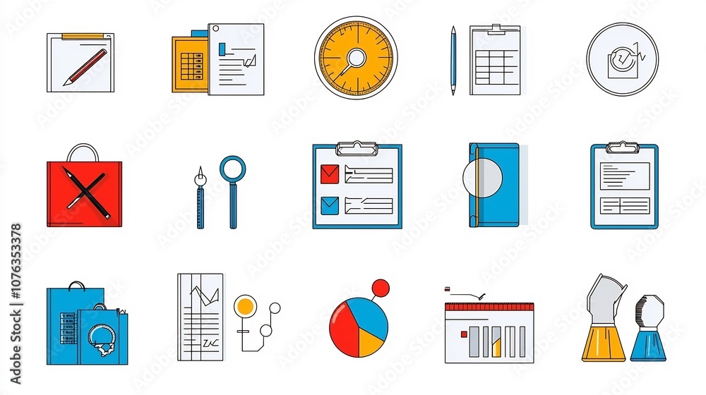 Poster Collection of Minimal Line Icons Representing Statistic Report and Inspection Symbols for Document and Evaluation Purposes