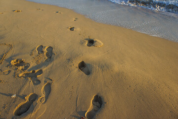 Footprints in the sand tell stories of wanderers at sunset by the serene ocean shoreline.