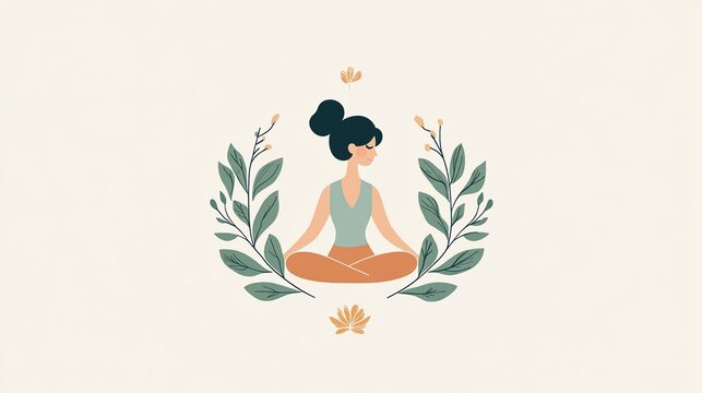 Logo vettoriale di una sagoma di una donna, che fa yoga, circondata da foglie verdi, design semplice, stile minimalista. Su sfondo bianco 