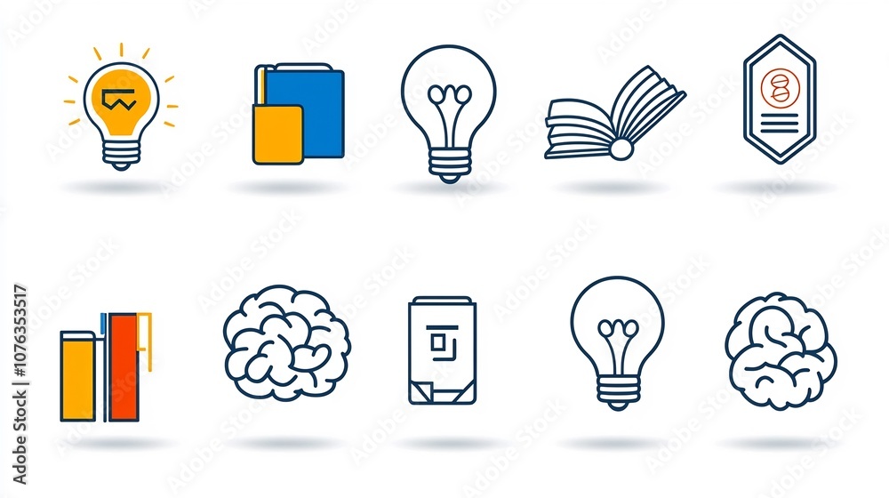 Poster This thin line icon set represents the concepts of knowledge and education featuring simple of a book a brain and a light bulb symbol  The minimalist and modern design conveys the ideas of learning