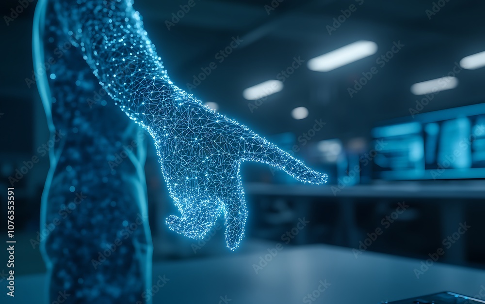 Poster A digitally-rendered hand made of glowing particles extends toward a surface, symbolizing technology and interaction in a futuristic environment.