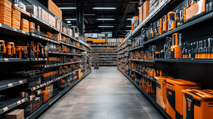Aisle in a hardware store displaying various orange and black tools and equipment on shelves, under bright fluorescent lighting.