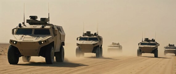 A convoy of futuristic military vehicles moving through a desert with a sandstorm approaching