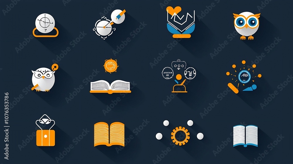 Aufkleber Minimalist thin line icons featuring book owl and idea symbols representing the concepts of knowledge discovery learning and intellectual pursuit