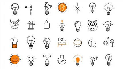 Collection of simple yet impactful icons illustrating the concepts of intelligence clever ideas and creative problem solving The set includes symbols such as a light bulb globe
