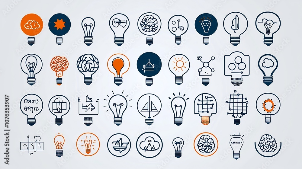 Fototapete Conceptual featuring a collection of symbols and icons representing clever thinking genius and intellectual achievement including a light bulb globe and brain icons