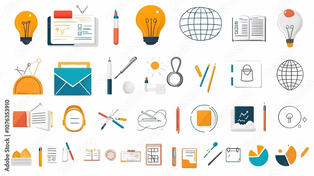 Poster Minimalist featuring abstract icons and symbols that represent educational themes such as creativity intelligence and critical thinking