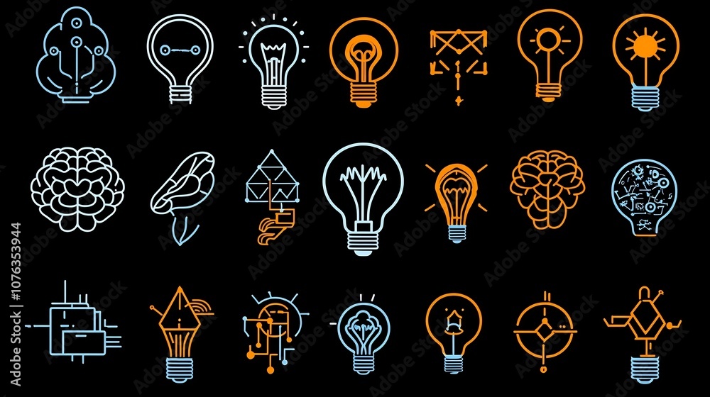 Poster Collection of icons representing clever thinking and genius with symbols for light bulb globe and brain in a design