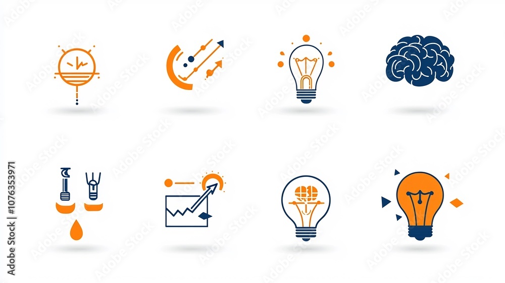 Aufkleber depicting a collection of icons representing clever thinking and intellectual genius featuring a light bulb brain and globe symbols to convey the concepts of innovation discovery