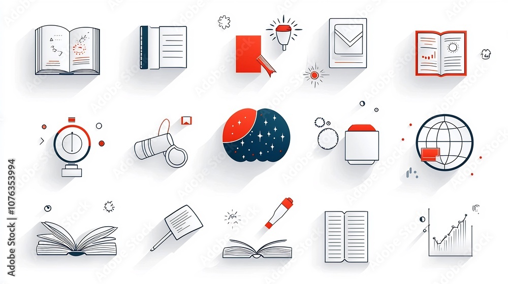 Poster Collection of Knowledge Icons Representing Academic and Creative Concepts Including Book Globe and Mind Vector with Clean Minimalist Lines and Shapes