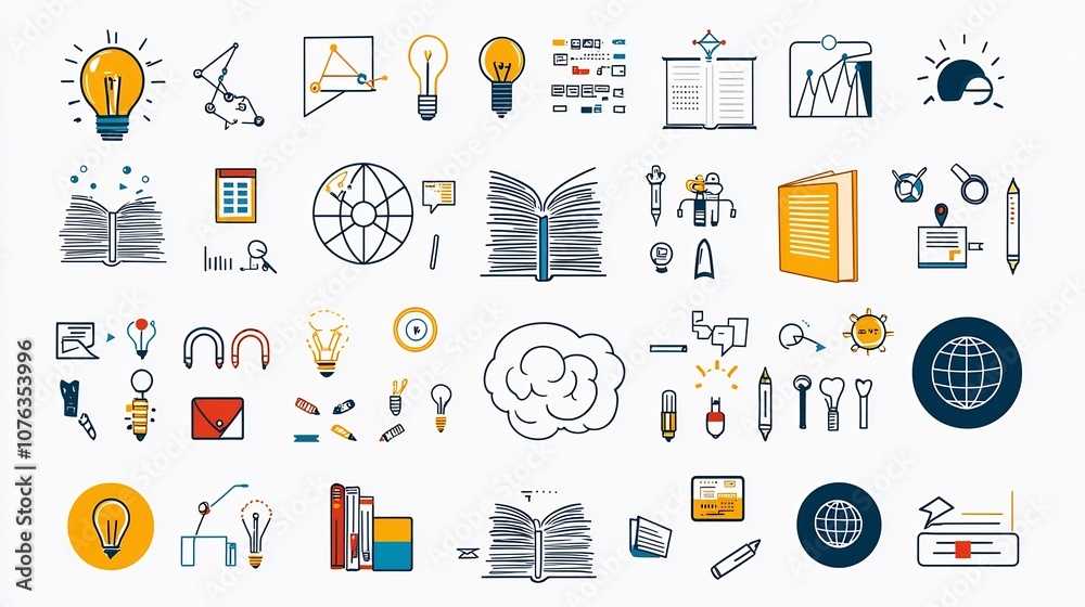 Poster Detailed featuring a collection of knowledge icons and symbols representing academic educational and creative concepts including book globe and brain with clean lines and a modern minimalist style
