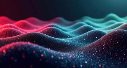 Garnet, cerulean, sage, and pink grapefruit gradients flow in rolling patterns against a dark background. Smooth transitions create an abstract, dreamlike 3D effect in Houdini FX style.