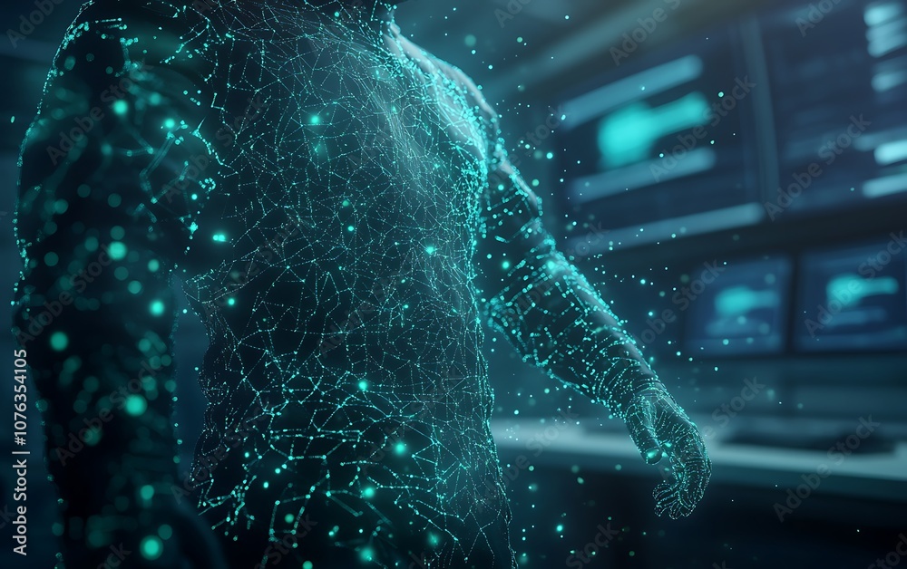 Poster A futuristic representation showcasing a humanoid figure made of luminous particles, interacting with digital displays in a high-tech environment.