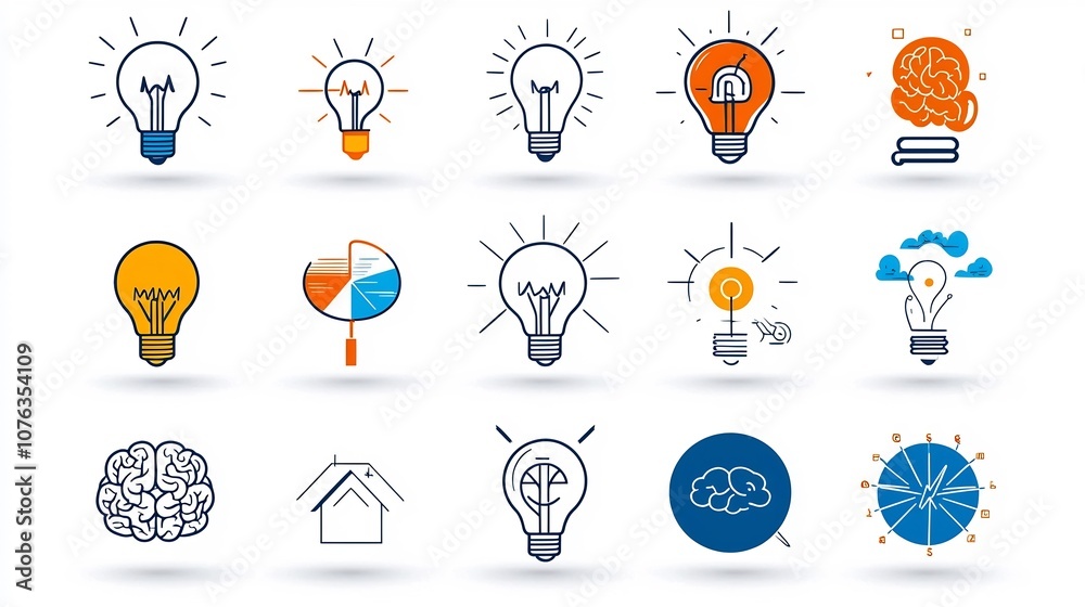 Poster Minimalist icon set featuring light bulb brain and imagination symbols to represent the concepts of genius intelligence creativity and problem solving  Thin line design in a modern flat style