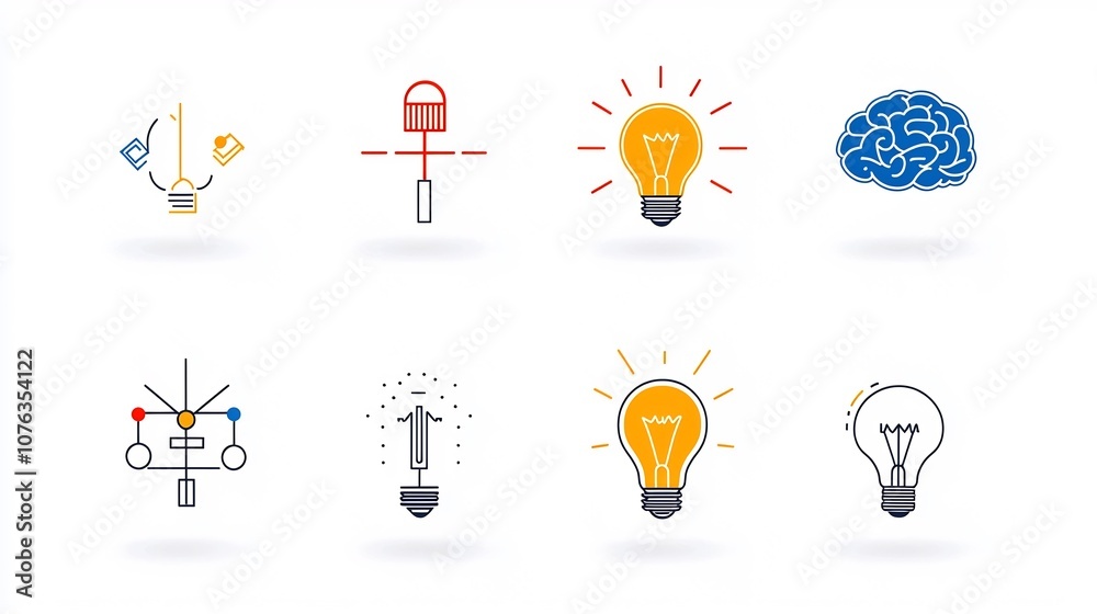 Poster Genius and Intelligence Icon Set Featuring Light Bulb Brain and Imagination Symbols in Thin Line Design  Concept of Creativity Idea Knowledge Innovation and Technology