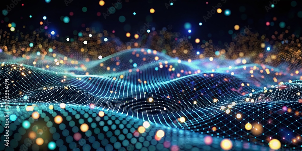 Poster Abstract Animated Technology Background with Random Dots and Grids in Bokeh Effect for High-Resolution 4K Video Presentations and Visual Projects